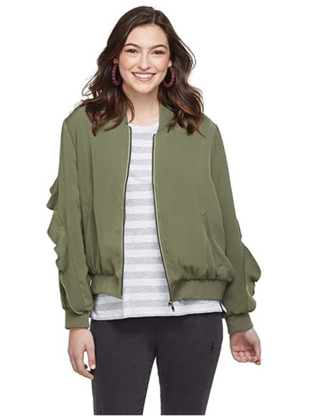 Mud Pie Olive Ruffle Sleeve Bomber Jacket - Women's Lightweight Coat